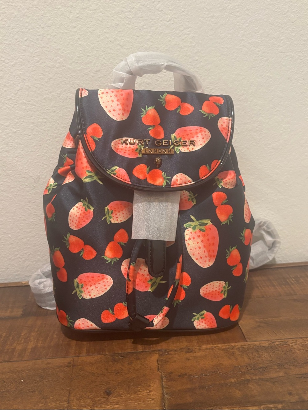 Kurt Geiger Navy Backpack with Red Strawberry Print - Picture 2 of 10